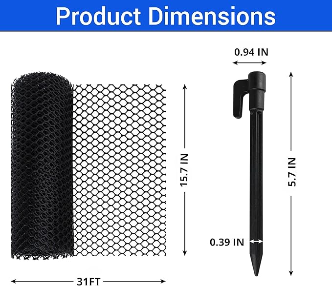 Plastic Wire Mesh Fence 15.7" x 31 ft – Chicken Wire Fencing for Dogs, Rabbits & Poultry – Snake Barrier & Fence for Balcony – Includes 10 Pegs & 15 Zip Ties – Durable, Weatherproof & Easy to Install