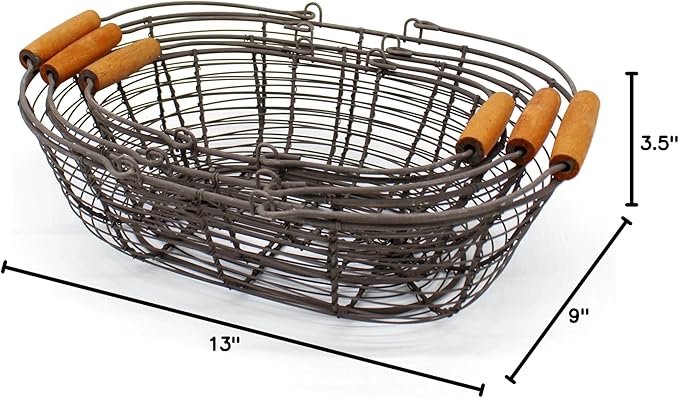 CVHOMEDECO. Oval Metal Wire Storage Baskets Rustic Egg Baskets with Wooden Handles Farmhouse Gathering Baskets. Rusty, Set of 3