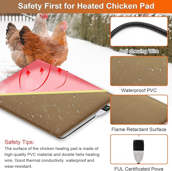 Chicken Heating Pad Chick Brooder Pad Poultry Heated Mat Adjustable Digital Thermostat Brood Heater Warming Blanket with Timer Anti Bite Wire Warmer Bed for Small Animal Pet 15.7 x 23.6 inch