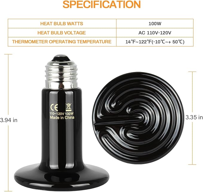 Simple Deluxe 100W 2-Pack Ceramic Heat Lamp Reptile Heat Emitter Heater Lamp Bulb No Light with Free Digital-Thermometer, for Pet Brooder Coop Chicken, Dragon Turtle Lizard Snake Aquarium Tank Black