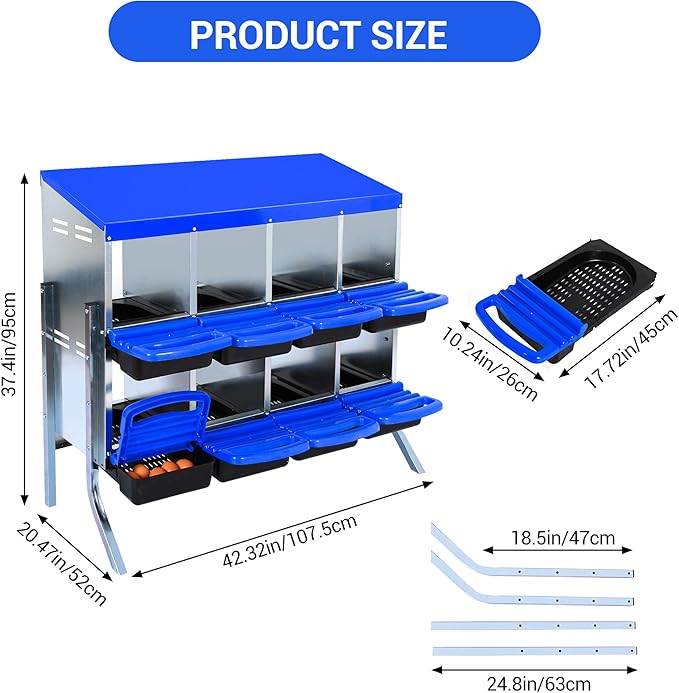 Chicken Nesting Box 8-Hole Roll Away Egg Laying Box with Lid & Stand, Galvanized Steel Rustproof Poultry Coop Box, Easy Clean, Wall Mountable No Bracket Needed for Hens, Blue