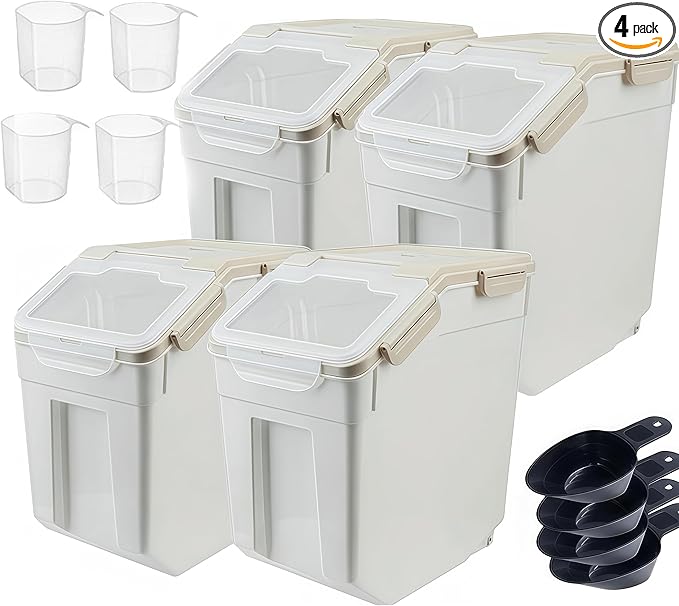 RUIAN 25lb Flour Rice Storage Containers Bin, Large Airtight Storage Container with Wheels Seal Locking Lid, with Measuring Cup&Scoop for Flour, Rice, Grain(Gray 4PCS)