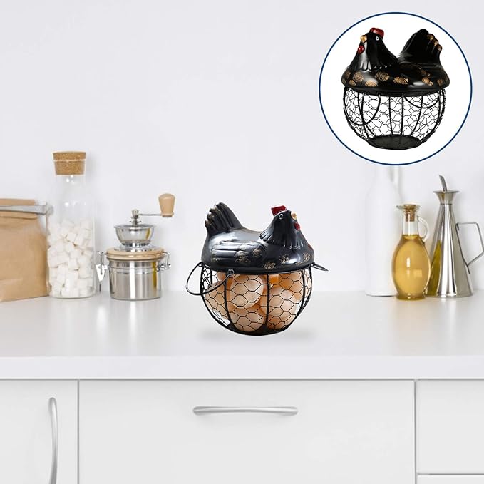 Cabilock Metal Wire Egg Basket Egg Holder Organizer Case with Ceramic Farm Chicken Top Container for Easter Party Gathering Fresh Eggs Storing Fruit Snack