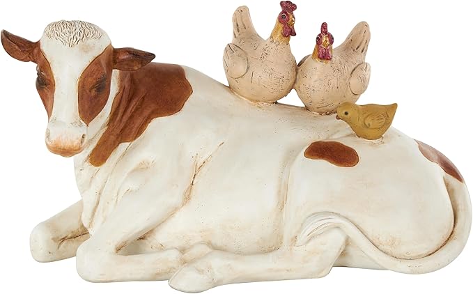 Deco 79 Polystone Cow Sleeping Sculpture with Sitting Roosters and Chicks, 11" x 6" x 6", Cream
