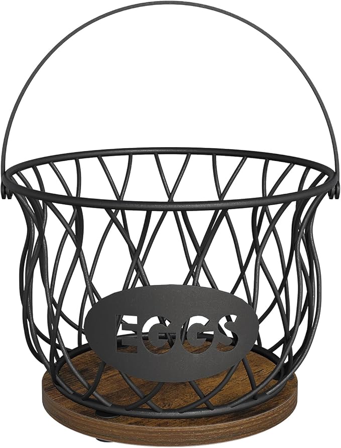 YINMIT Chicken Egg Basket, Round Egg Collecting Basket for Gathering Fresh Eggs, Farmhouse Wire Egg Basket with Handle, Egg Collector with Heavy Base for Kitchen Countertop