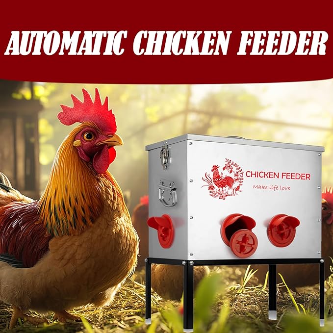 Automatic Chicken Feeder Capacity 6 Port Large Metal Chicken Feeders No Waste Poultry Feeder with Locking Lid and Legs for Inside Chicken Coops for Chickens, Ducks, Geese (A24-1)