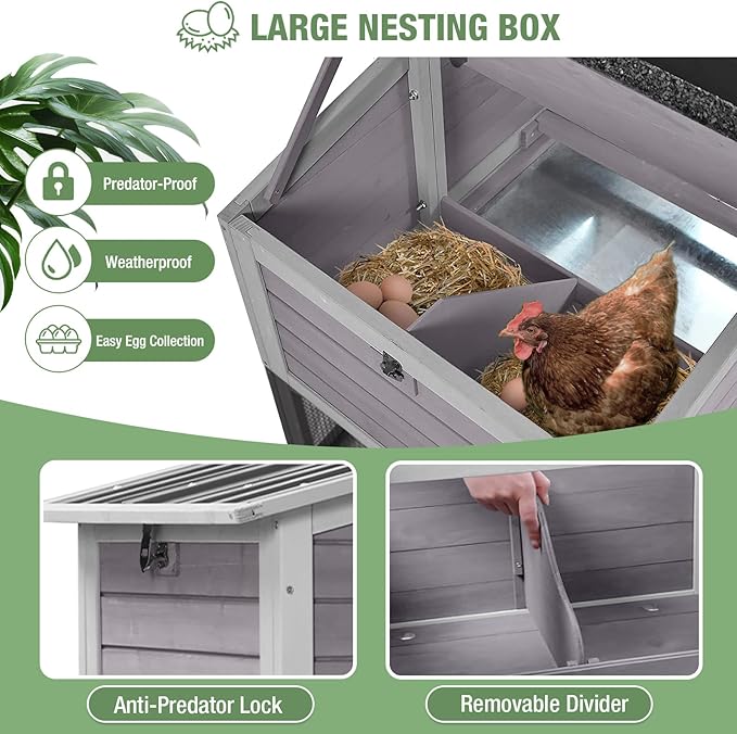 Mobile Chicken Coop with Wheels for 4-6 Chickens, Large Wooden Hen House Expandable Duck Cage with Run, 2 Nesting Boxes, Easy Clean Pull-Out Tray, Waterproof Asphalt Roof (Grey)