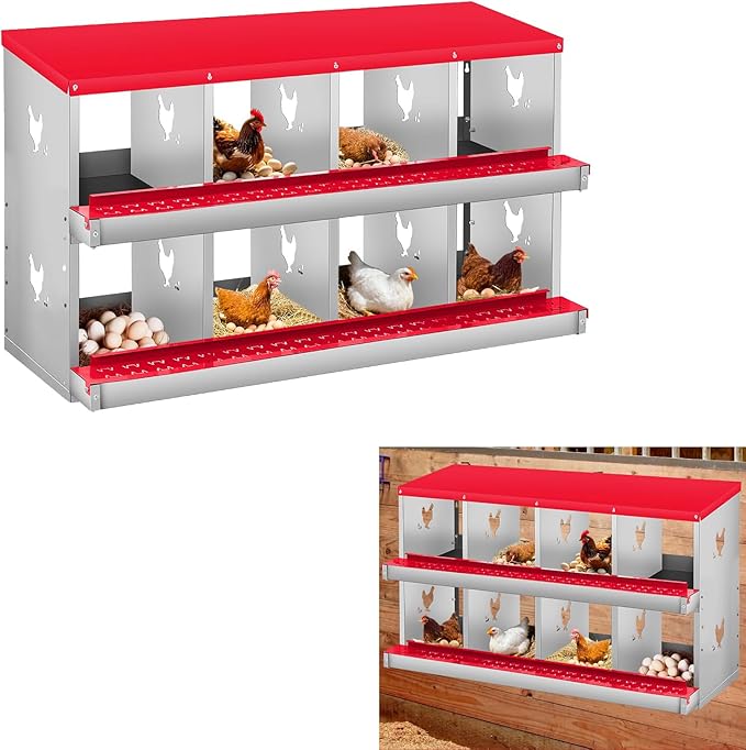 Metal Nesting Boxes for Chickens-8 Compartment Chicken Nesting Box for Laying Eggs, Wall Mountable Roll Away Laying Boxes for Hens and Chicken Coop