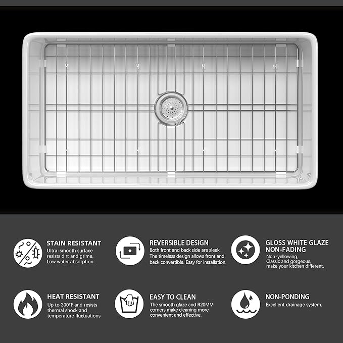 Miuara Farmhouse Sink 33 Inch - Apron Front Kitchen Sink Reversible 33"x18"x10", Undermount Installation, Farm House Style Single Bowl, Solid Fireclay, Glossy White, for Kitchen