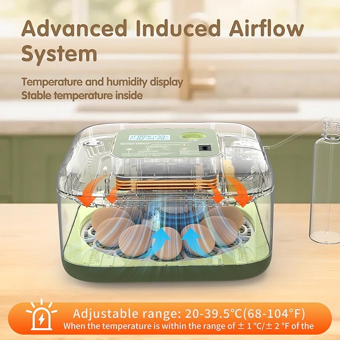 12 Egg Incubator with Automatic Turning, Temperature and Humidity Control, LED Egg Candler, and Auto Water Addition, for Hatching Chicken, Goose, Duck, Quail, Pigeon, and Turkey Eggs