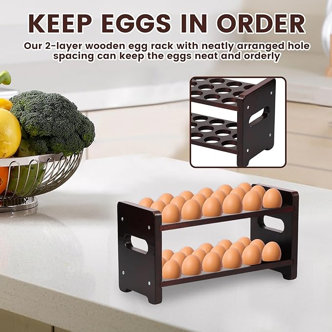 Wooden Egg Holder Countertop, 2-Tier 36-Egg Storage Rack, Farmhouse Egg Basket for Gathering Fresh Eggs, Egg Tray Storage Display Stand, Kitchen Counter Top Organizer for Chicken Duck Quail Eggs