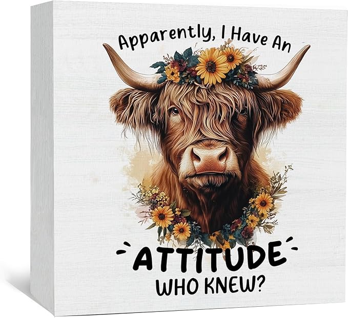 Highland Cow Sign, Farm Cottagecore Animal Office Kitchen Bedroom Decor, Apparently I Have an Attitude Who Knew Wooden Box Signs, Apparently Highland Cow Gifts for Women Men 5x5 in