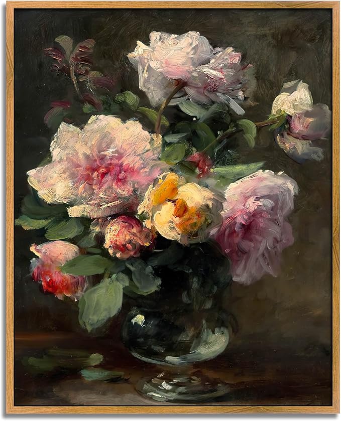 Vintage Flower Pictures Pink White Floral Paintings Flowers in Vase Wall Art Blooming Flowers Poster Antique Still Life Painting Pink Yellow Flower Artwork Pink Rose Canvas Wall Art 8x10inch Framed
