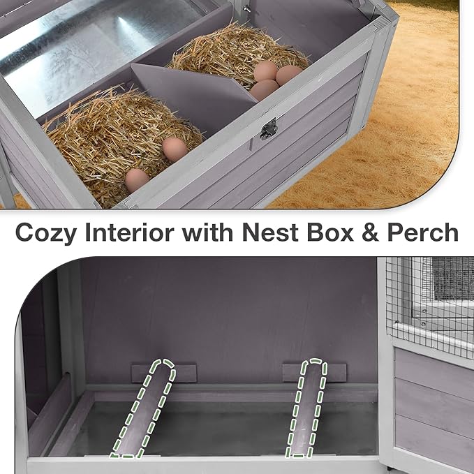 Mobile Chicken Coop for 2-4 Chickens – Weather-Resistant Wooden Hen House with Wheels, Nesting Box, Leakproof Tray & UV-Protected Roof