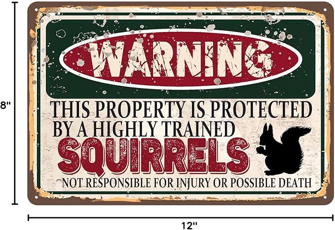 Vintage Squirrels Metal Sign， Warning this property is protected bY a highly trained Squirrels Sign Funny Tin Signs 12x8 Inch