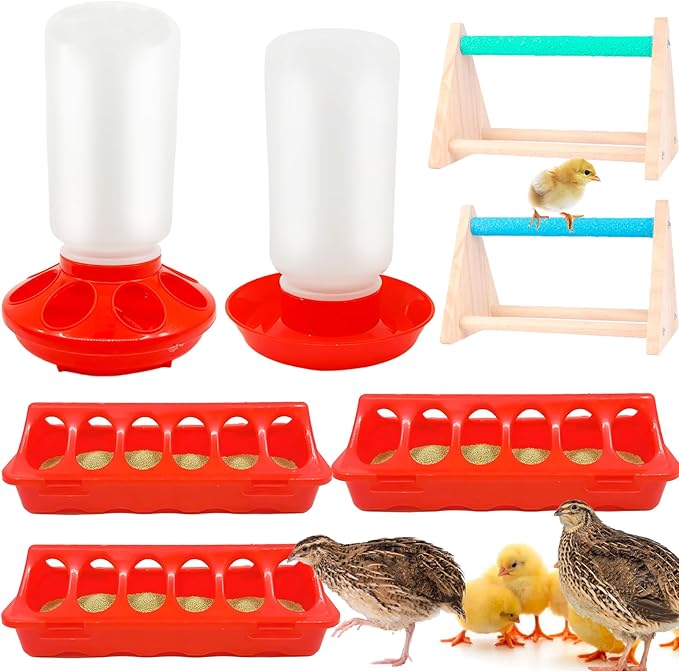 7 Pack Chick Feeder and Waterer Kit No Waste with Chick Perch Flip Top Small Poultry Feeder Trough Quail Feeding Supplies Baby Chick Starter Kit for Chicken Coop Brooder Duck Quail Gravity
