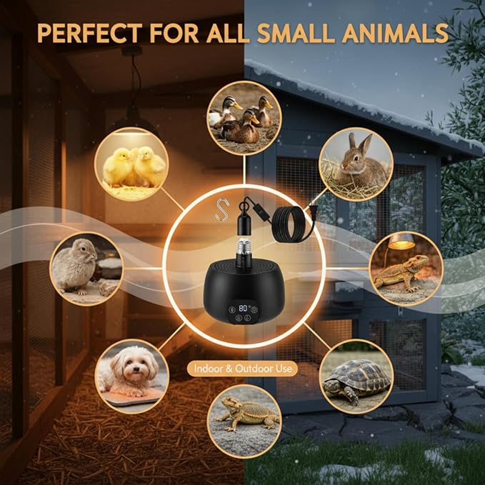 Enhon Chicken Coop Heater with LED Lighting, Adjustable Temperature, Timer & Safety Features – 5 Ft Long Cable Chicken Coop Heating Lamp Perfect for Small Animals and Reptiles(2 Pack)