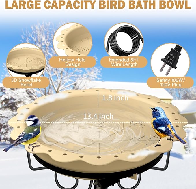 Heated Bird Bath for Outside Winter, Powerful 100W Thermostat Control Heated Bird Baths for Outdoors with 5-Prong Metal Stake, Heated Birdbath Water Heater for Garden Yard Patio Lawn (Khaki)