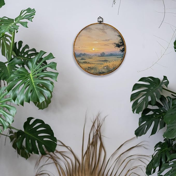 Hiuwevt Vintage Farmhouse Nature Round Wall Art Decor, Country Sunset Landscape Framed Canvas Prints, Rustic Cottagecore Round Wall Hanging Decor for Home Bedroom Living Room Decorations, 10x10 Inches