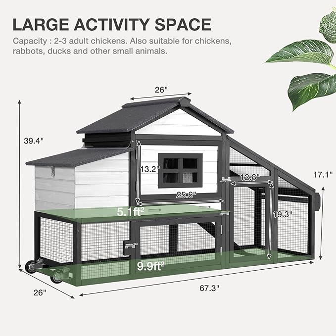 Chicken Coop Expandable Chicken House for Outdoor with Wheels Nesting Box, Leakproof Pull-on Tray, and UV-Resistant Roof Panel - White