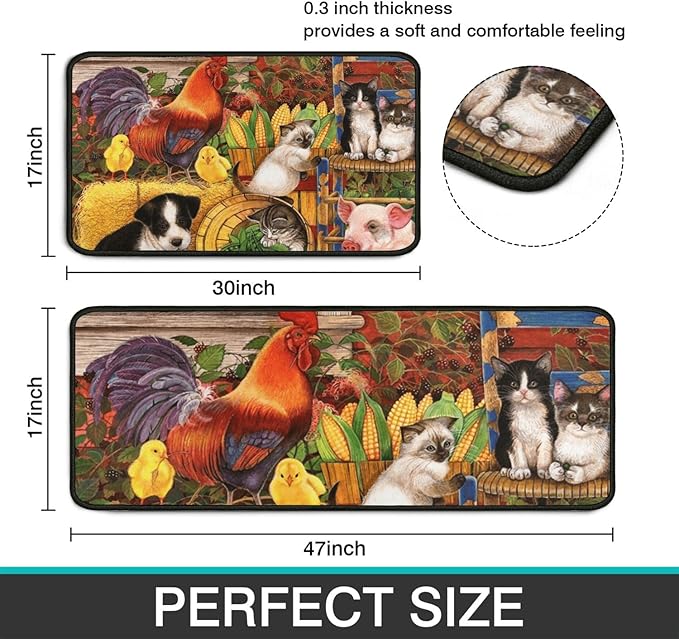 Roszwtit Farmhouse Kitchen Rugs and Mats Set of 2, Farm Rooster Kitchen Mat, Seasonal Holiday Cooking Sets Washable Non-Slip Floor Mats for Home Kitchen Decor - 17x29 and 17x47 Inch
