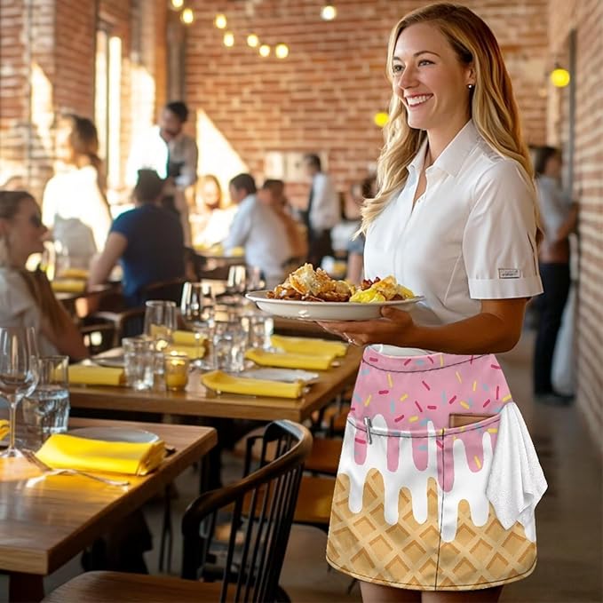 Waist Apron with 3 Pockets Waterproof 13 Inch Short Half Waist Aprons Women Men Server Aprons Waitress Waiter Apron