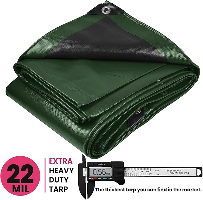 PROTARP Extreme Heavy Duty 22 Mil Tarp Cover, Waterproof, UV Resistant, Rip and Tear Proof, Poly Tarpaulin with Reinforced Edges for Roof, Camping, Patio, Pool, Boat. (Green/Black 20′ X 30′)