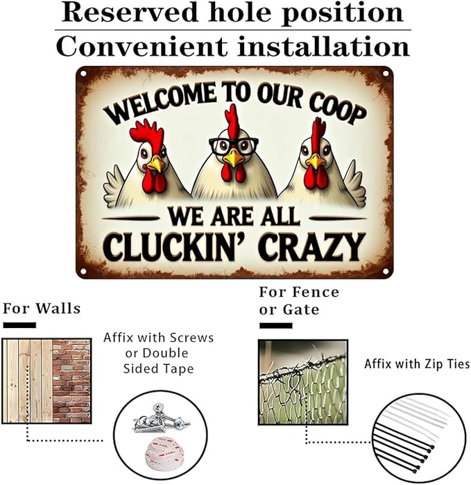 FunnySign Chicken Gifts Rooster Décor Welcome To Our Coop We Are All Cluckin' Crazy Rustic Tin Sign For Home Farm Chicken Coop Decor 8x12 Inch (9702)
