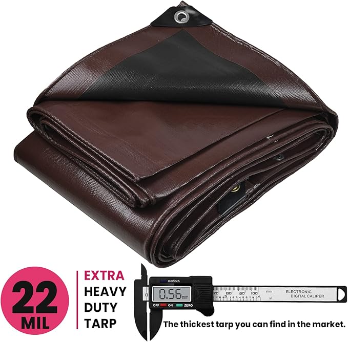 PROTARP Extreme Heavy Duty 22 Mil Tarp Cover, Waterproof, UV Resistant, Rip and Tear Proof, Poly Tarpaulin with Reinforced Edges for Roof, Camping, Patio, Pool, Boat. (Brown/Black 30′ X 50′)