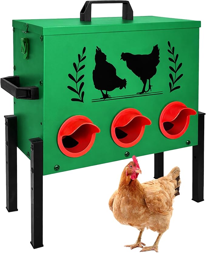 Chicken Feeders, 30 lb Capacity 6 Port Automatic Chicken Feeder, Metal Chick Feeders with Locking Lid and Legs, Chicken Feeder for Chickens, Ducks, Geese, Green