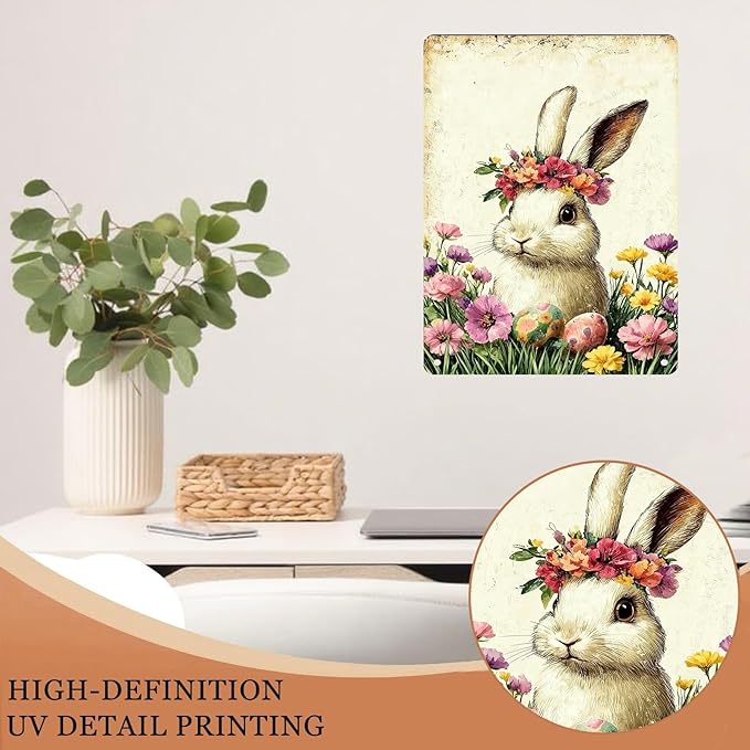 Fun Easter Bunny and Flower Tin Signs Easter Metal Decorations for Hallways Homes Living Rooms Gardens 12X16Inch