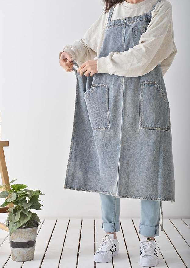 Cotton Denim Apron Soft - Unisex Adjustable Bib Apron with 5-Pockets Perfect for Kitchens