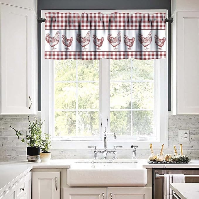 Rooster Valance Curtains Rustic Farmhouse Animals Retro Red White Buffalo Plaid Rod Pocket Curtain Valance for Kitchen Bedroom Living Room Decor 1 Panel W54xL18 Inch