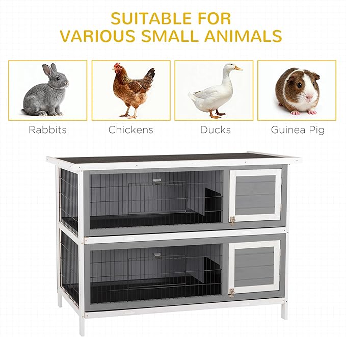 PawHut 54" 2-Story Large Rabbit Hutch Bunny Cage Wooden Pet House Small Animal Habitat with Lockable Doors, No Leak Tray and Waterproof Roof for Outdoor/Indoor Dark Grey