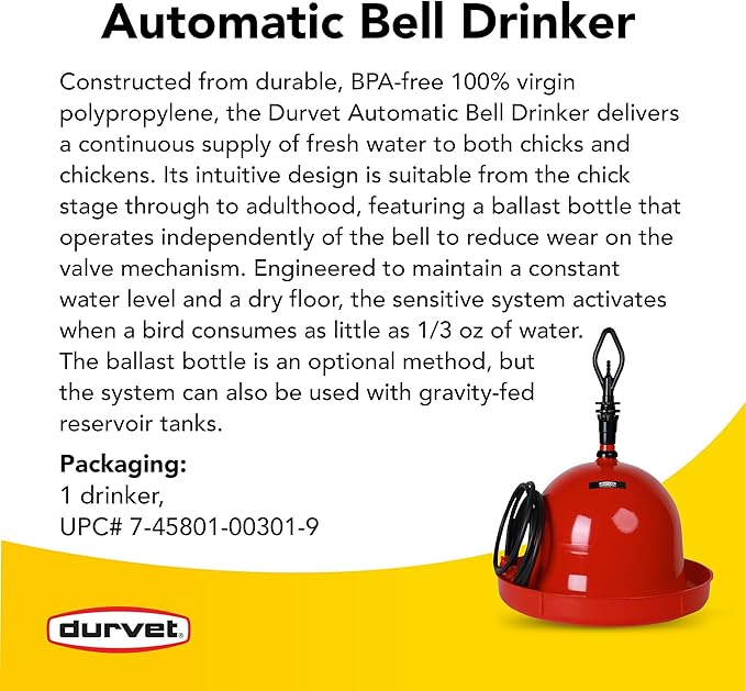 Durvet, Poultry Waterer, Automatic Bell Drinker for Poultry