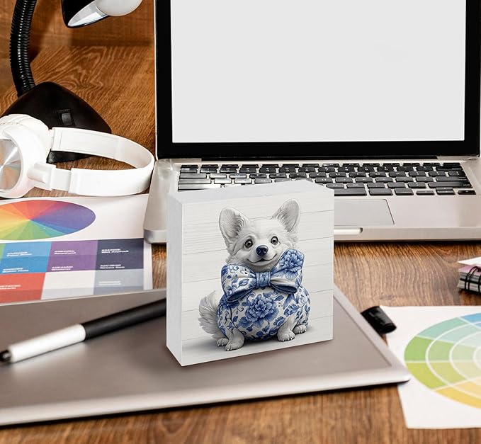 Chinoiserie Corgi Wooden Signs, Grand Millenial Bow Blue Floral Home Decor, Blue and White Porcelain Desk Decorations, Farm Animal Office Kitchen Bathroom Decor