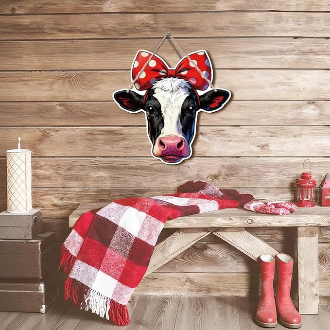 Farmhouse Wall Decor, Cow Head with Polka Dot Bow Wood Sign, Rustic Cartoon Painting Style Farm Animal Hanging Plaque, Country Wall Art for Kitchen Dining Room or Kids Room, 10.2x9.8 Inches