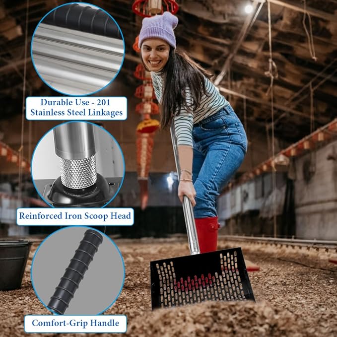 Heavy Duty Chicken Coop Rake and Scoop, 15 Inch Extra Large Chicken Coop Rake with Adjustable Stainless Steel Handle (25 to 73 Inch)，Metal Multi-Use Cleaning Shovel for Coops, Beach（Black）