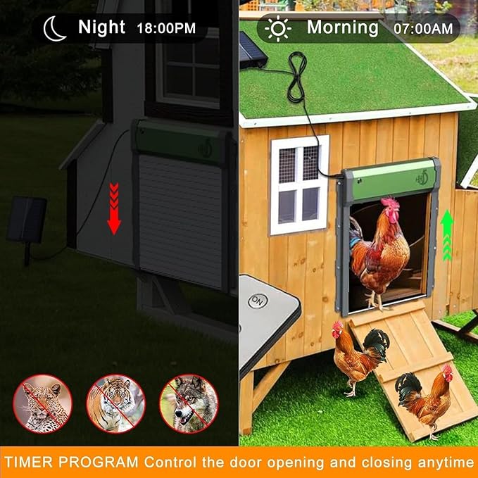 Upgraded Automatic Chicken Coop Door, Solar Henhouse Door Opener with Timer/Light Sensor/Remote Control/Manual Mode Aluminum Alloy 4 Modes Automatic Chicken Door with Anti-Pinch Design (Green)