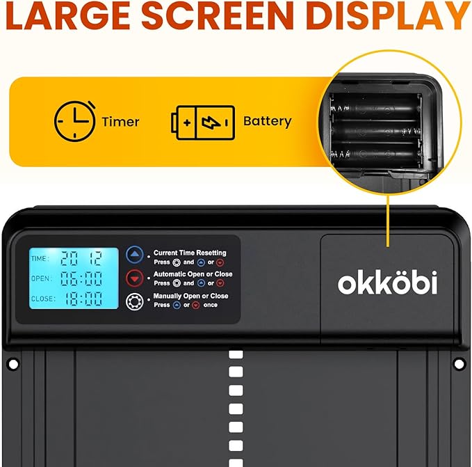 Automatic Chicken Coop Door – Coop Door Lite – Battery Powered (3X AA Included) – Timer & Manual Modes – LCD Display – Anti-Pinch Safety – 11" x 9.4" Opening