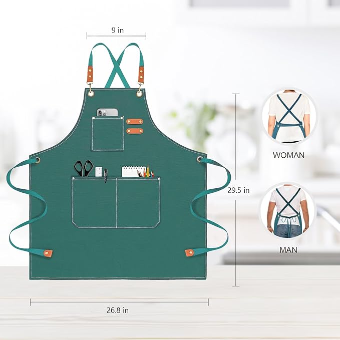 Chef Apron for Men Women Canvas Aprons with 3 Pockets Cross Back Resistant Work Apron for Cooking