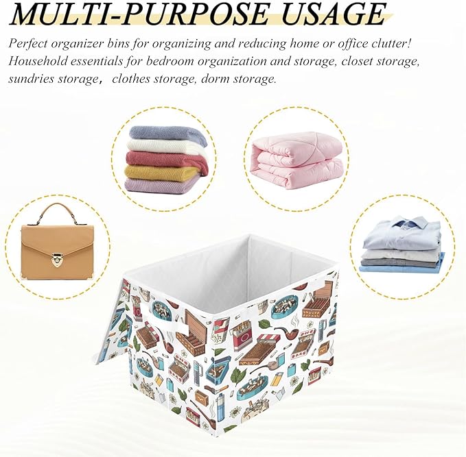 Pipes Skulls Leaves Ashtrays Storage Bins with Lids Foldable Storage Basket with Handles Collapsible Large Fabric Organizer Containers for Clothes Shelves Closet Office Home