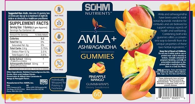 SOHM Amla and Ashwagandha Gummies, Individually Wrapped, Supports Healthy Immune Health, Reduce Infections -Ashwagandha Gummies for Women and Men Vegetarian(Pineapple,Mango)