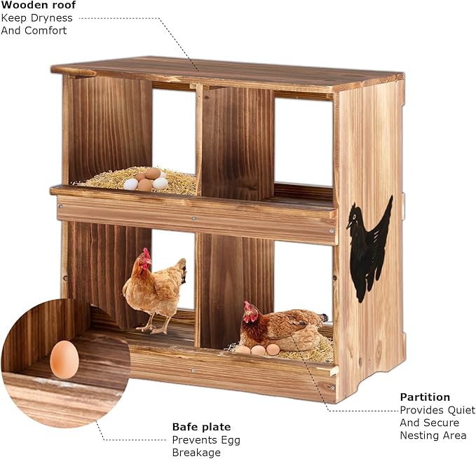 Nesting Boxes for Chickens - Wooden Chicken Nesting Box for Chicken Coop Accessories, Sturdy 4-Compartment Wall Mount Egg Laying Box for Hens, Chickens, and Ducks(Richly Charred)