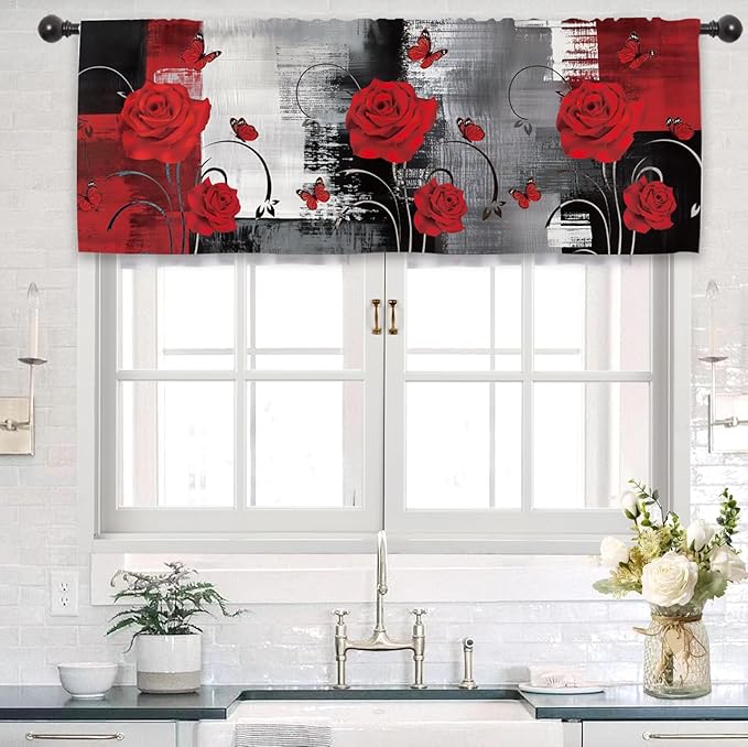 Black Red Rose Kitchen Curtain Valance 54W x 18L Inch Brushstroke Abstract Art Romantic Rod Pocket Short Cafe Small Window Treatment Drapes Decor