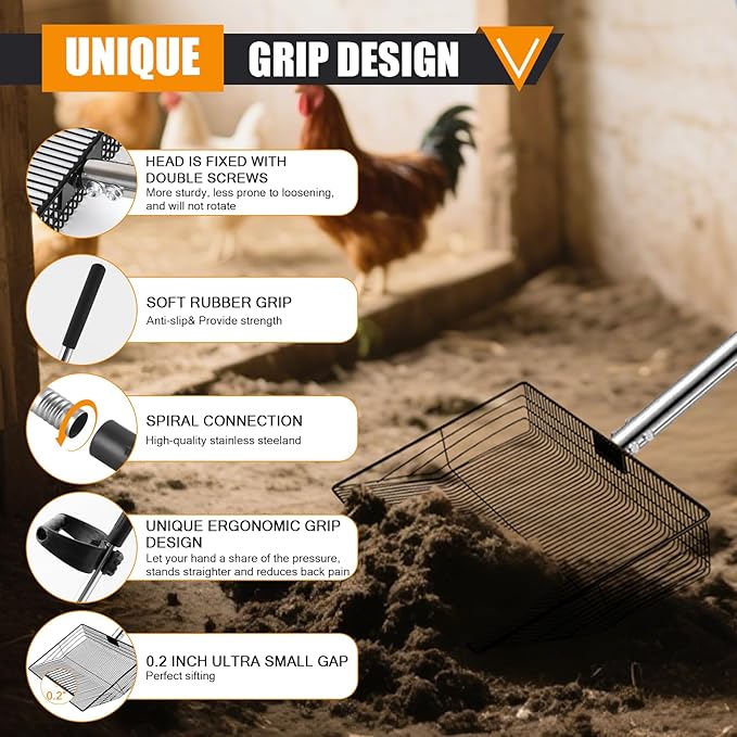 15 inch Large Chicken Poop Scooper with Ergonomic Grip, 6 in 1 Adjustable Chicken Coop Pooper Shovel with (24 to 79"), Heavy Duty Litter Sifting Shovel for Chicken Coop/Goat Stall/ Stable Cleaning