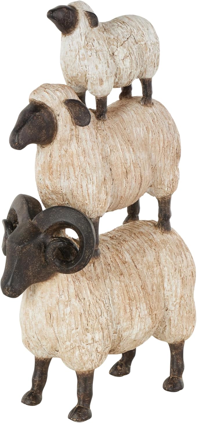 Deco 79 Polystone Sheep Stacked Sculpture with Black Accents, 9" x 4" x 15", Cream