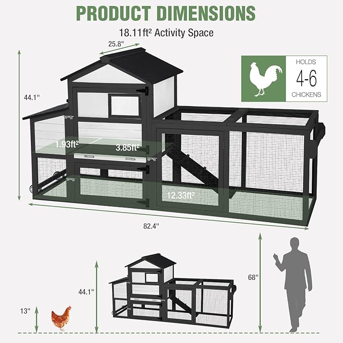 Mobile Chicken Coop with Wheels, Large Outdoor Hen House with Run for 4-6 Chickens, Weatherproof Asphalt Roof, Sectionable Nesting Box & Pull-Out Tray, 82.4" L x 25.8" W x 44.1" H - Black