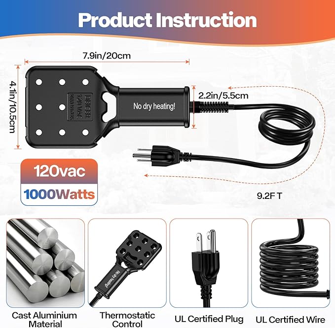 500W Smart Electric Pond De-icer – Standard Power for Medium Ponds & Livestock Tanks, Auto On/Off, 9ft UL Cord, IPX8, Cast Aluminum Deicer for Fish & Animals