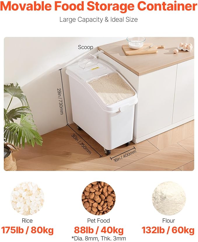 Mophorn 27 Gallon Food Storage Containers 500 Cup Ingredient Bin with Scoop and Sliding Lid Commercial Food Container Ideal for Rice storage, Dog Food Container, Flour and Sugar Containers, White